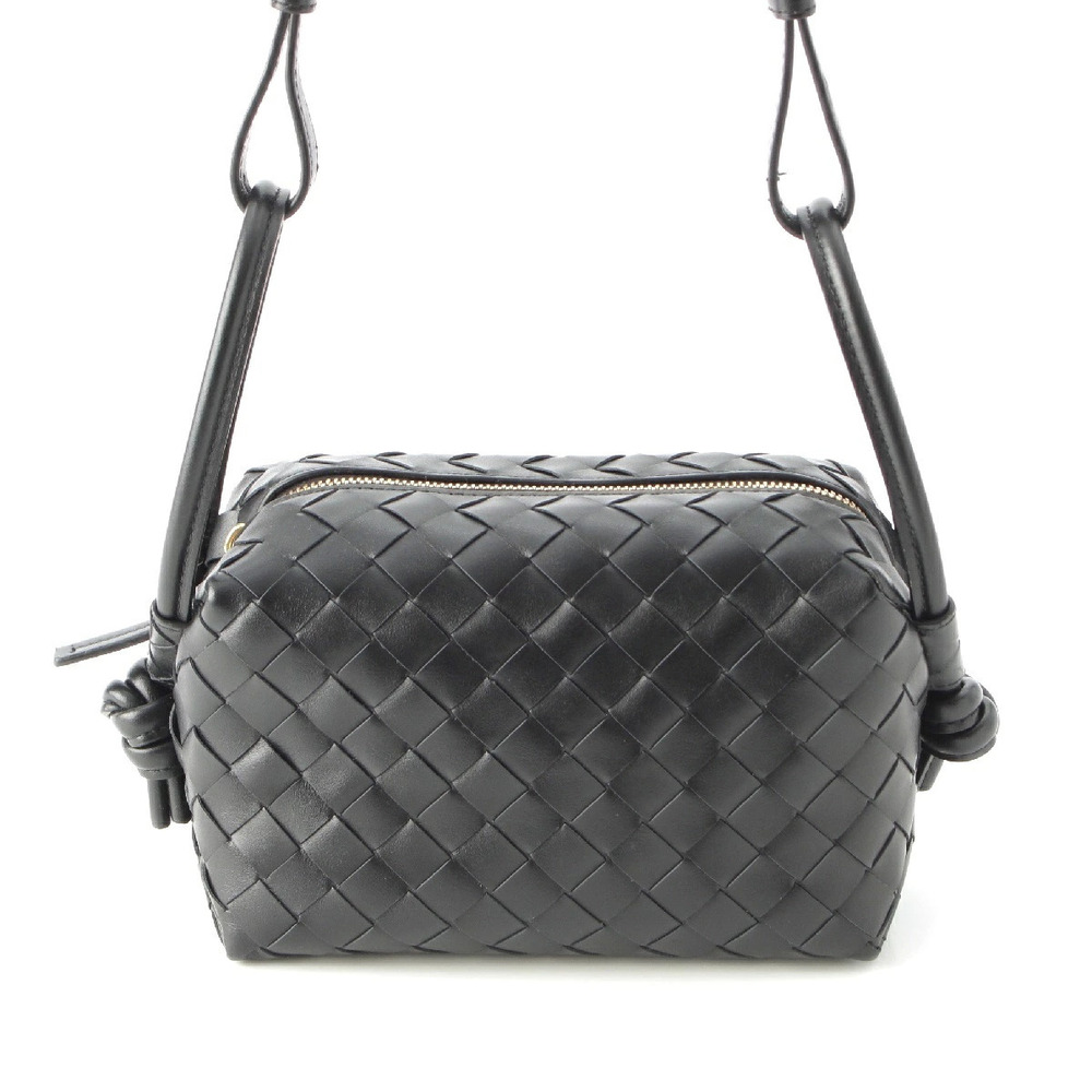 Bottega Veneta Leather Intrecciato Loop Top Handle Shoulder Bag Black